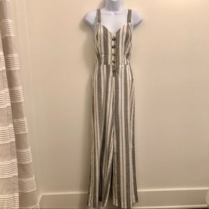 Green Striped Button Down Open Back Jumpsuit